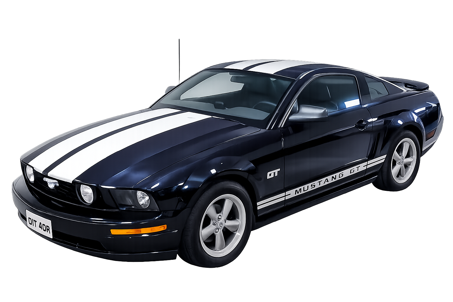 Black Ford Mustang with custom stripe graphics